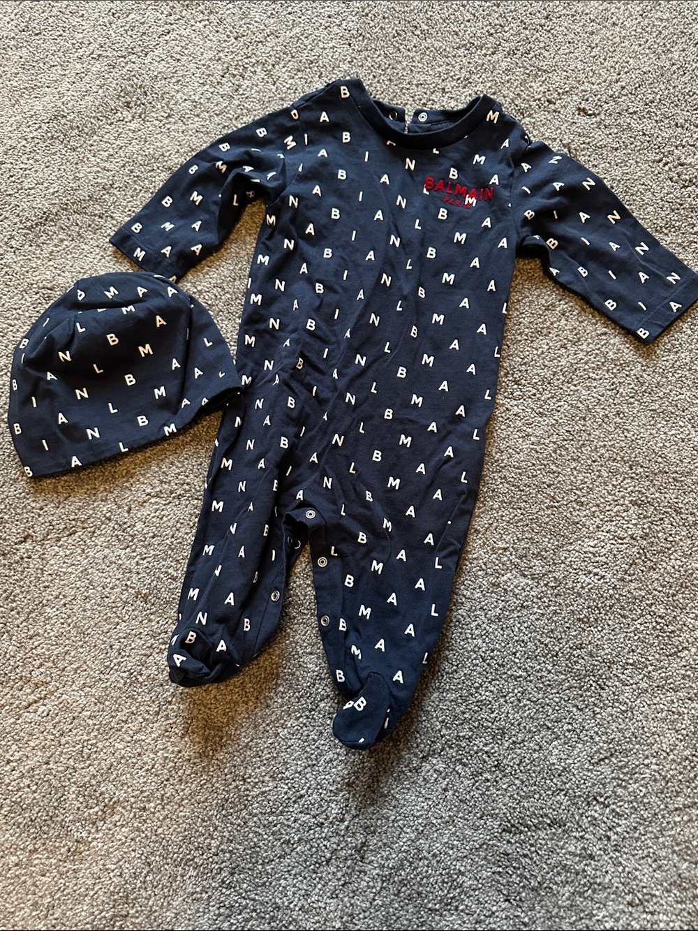Balmain Navy & White Logo-Print Baby Footie with Matching Hat
